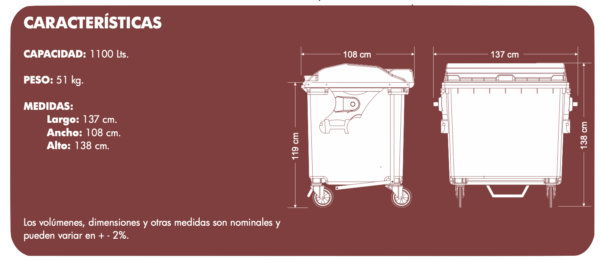 Medidas Contenedor basura 1100 litros