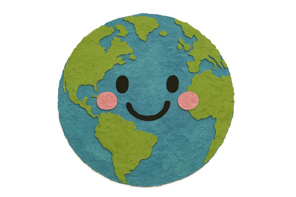 Ilustración del planeta Tierra con rostro sonriente y mejillas rosadas, simbolizando un mundo saludable y feliz gracias al cuidado del medio ambiente y la sostenibilidad.









