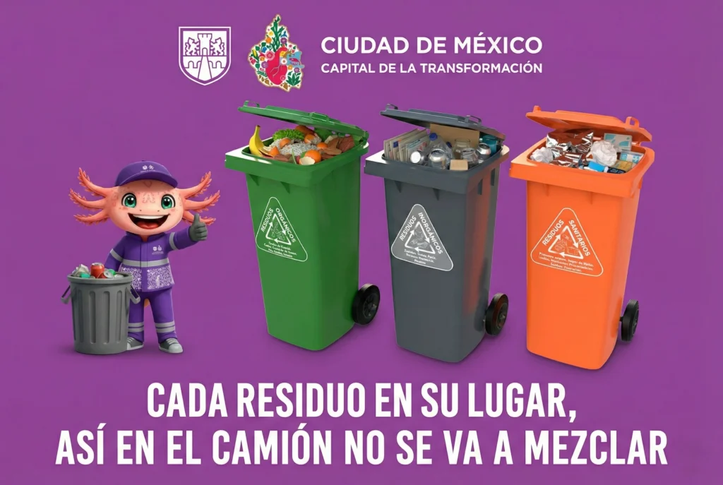 Campaña visual de residuo cero en la Ciudad de México que muestra contenedores diferenciados y correcta clasificación.