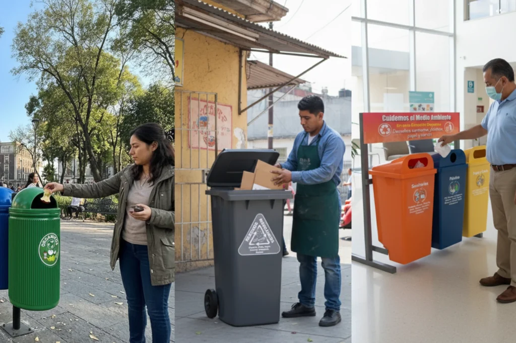 Separación de residuos urbanos en espacios públicos y centros de trabajo como parte de la gestión integral de residuos en CDMX.