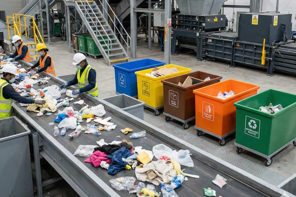 Clasificación manual de residuos urbanos en instalación industrial dentro de la estrategia de basura cero en la Ciudad de México.
